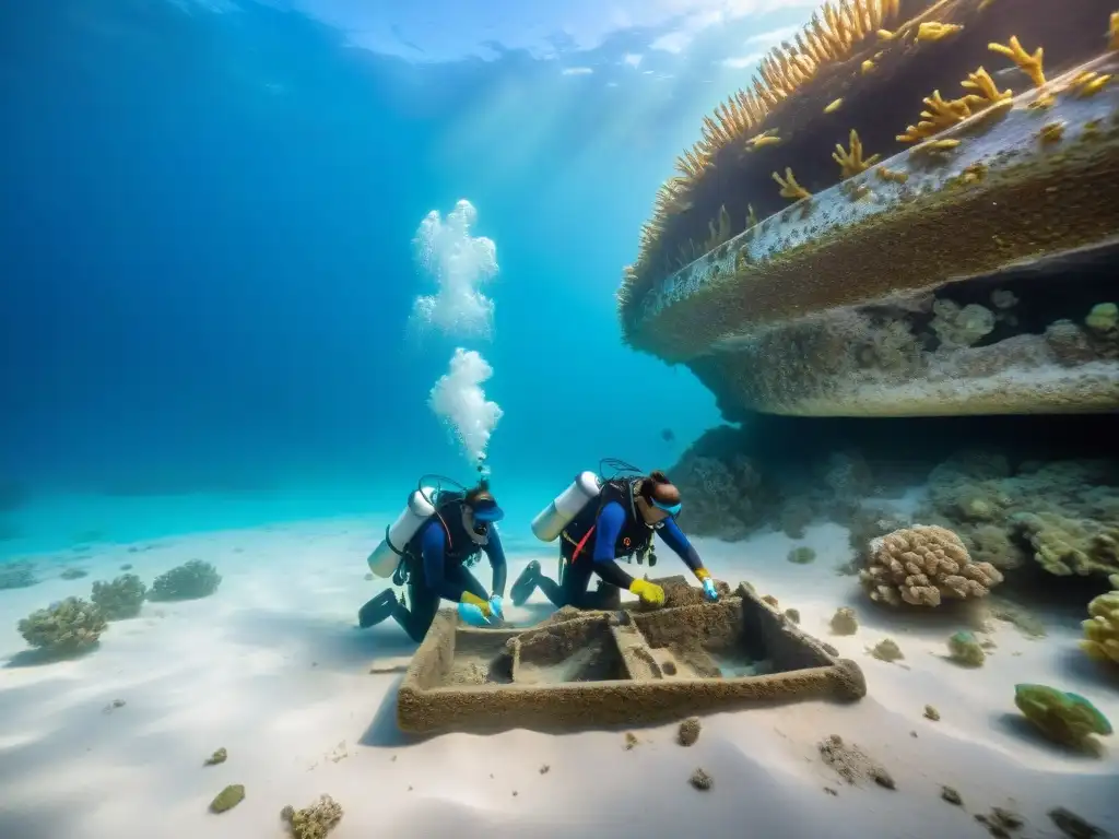 Excavación detallada de un equipo de arqueólogos submarinos levantando un artefacto maya