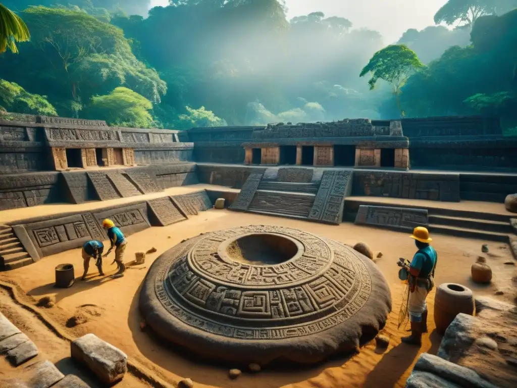 Excavación meticulosa de una cancha de juego de pelota maya, con arqueólogos documentando descubrimientos en la jungla