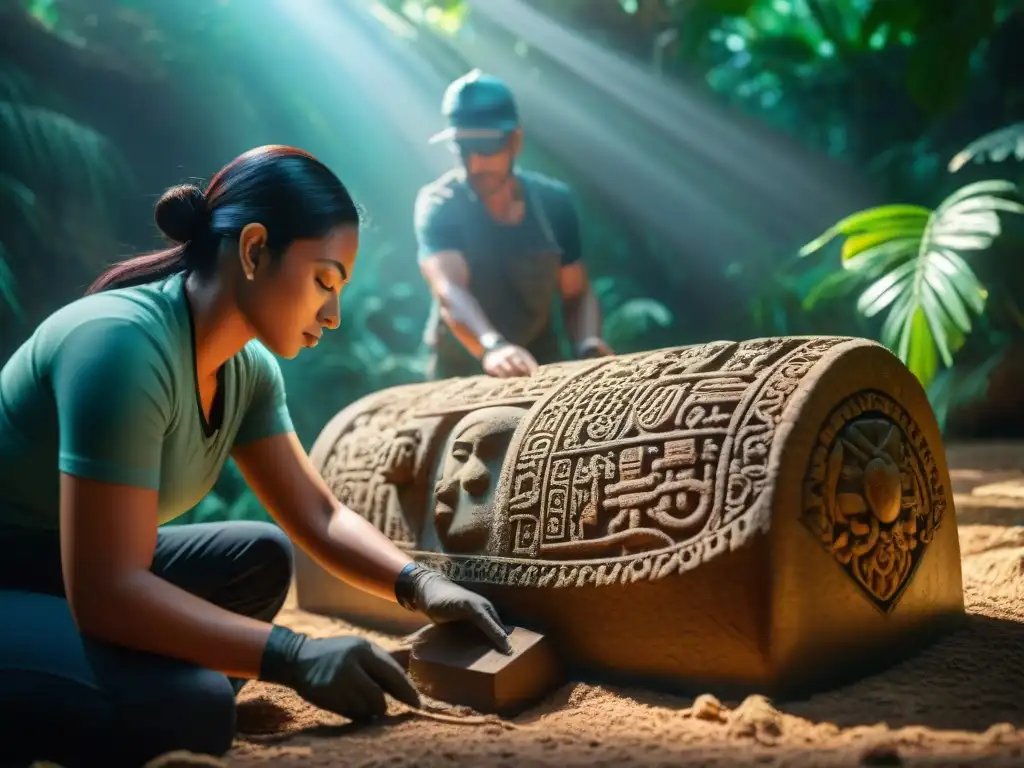 Excavación meticulosa de escultura maya en la selva: fusión de tecnología y tradición en redescubrimiento siglo XXI