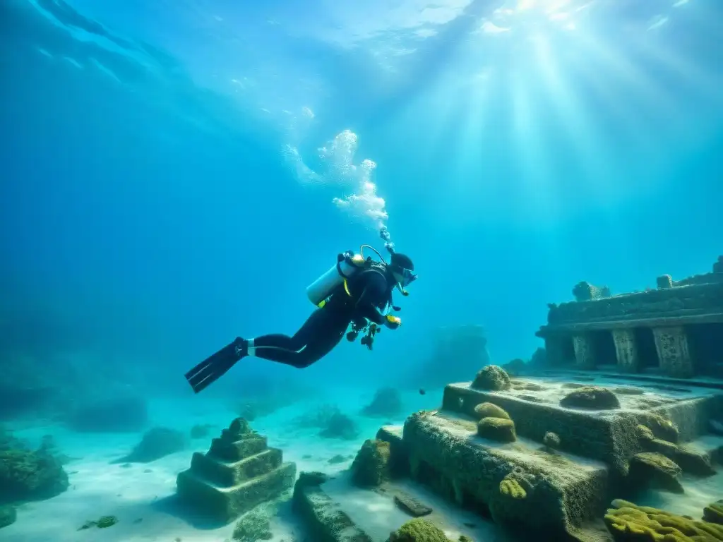 Exploración arqueológica submarina en sitio maya Excavación submarina de sitio arqueológico maya rodeado de ruinas y vida marina, conservación patrimonio submarino maya