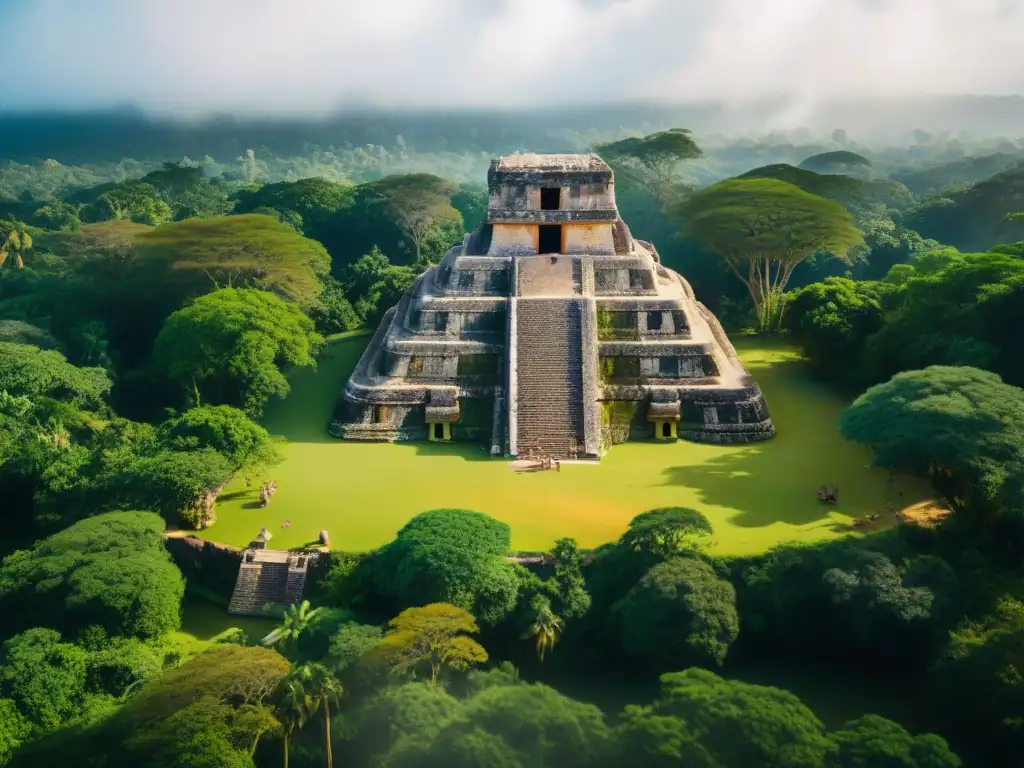 Excavación en Templo Maya: Misterios Descubiertos Excavación de templo maya rodeado de selva exuberante, mostrando influencia extranjera en civilización maya