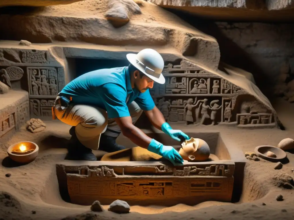 Excavación de tumba maya con carvings, cerámica y ofrendas junto a restos de noble