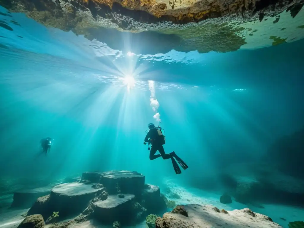 Una expedición de arqueología subacuática en cenotes mayas, revelando secretos ancestrales bajo el agua cristalina