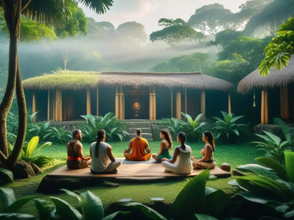 Retiro espiritual en la selva maya: meditación con chamán Una experiencia de bienestar en la selva maya: un chamán guía una meditación en un retiro rodeado de naturaleza y ruinas mayas