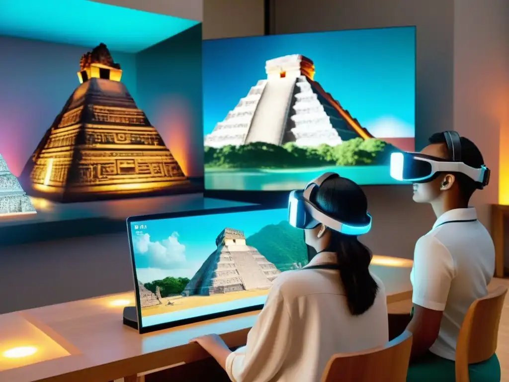 Una experiencia educativa maya interactiva 3D en aula moderna con estudiantes fascinados