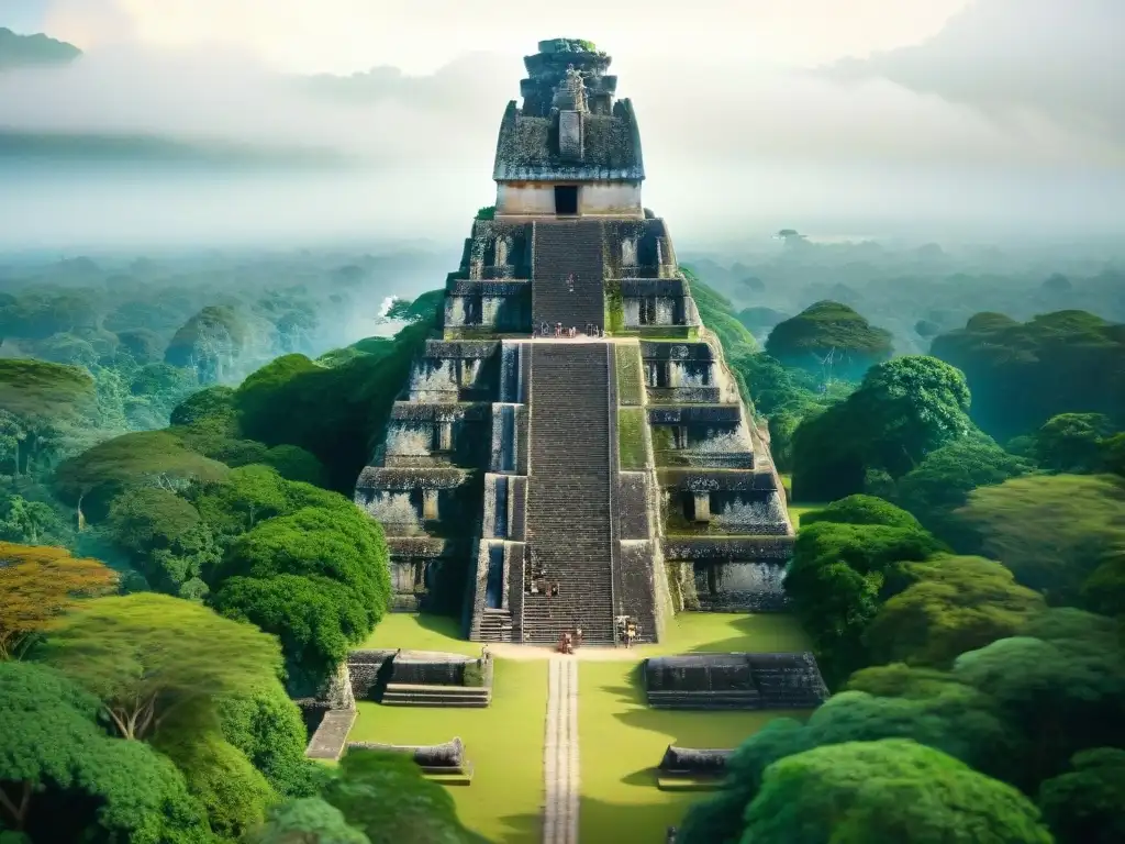 Experiencia en Realidad Virtual en turismo maya: detalle increíble de Tikal con templos, pirámides y selva exuberante