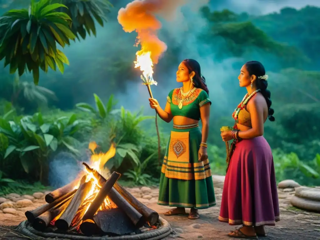 Ritual maya de sanación en la selva al anochecer Experiencias de bienestar en turismo cultural maya: Mujeres mayas en ritual de sanación con incienso y hierbas, alrededor de fogata en la jungla
