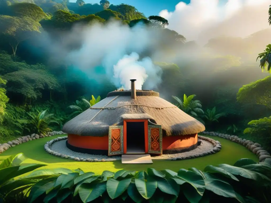 Sagrado temazcal maya: ritual de purificación en la selva Experiencias bienestar turismo cultural maya: Un temazcal tradicional maya en la selva, con un chamán y coloridos textiles ceremoniales