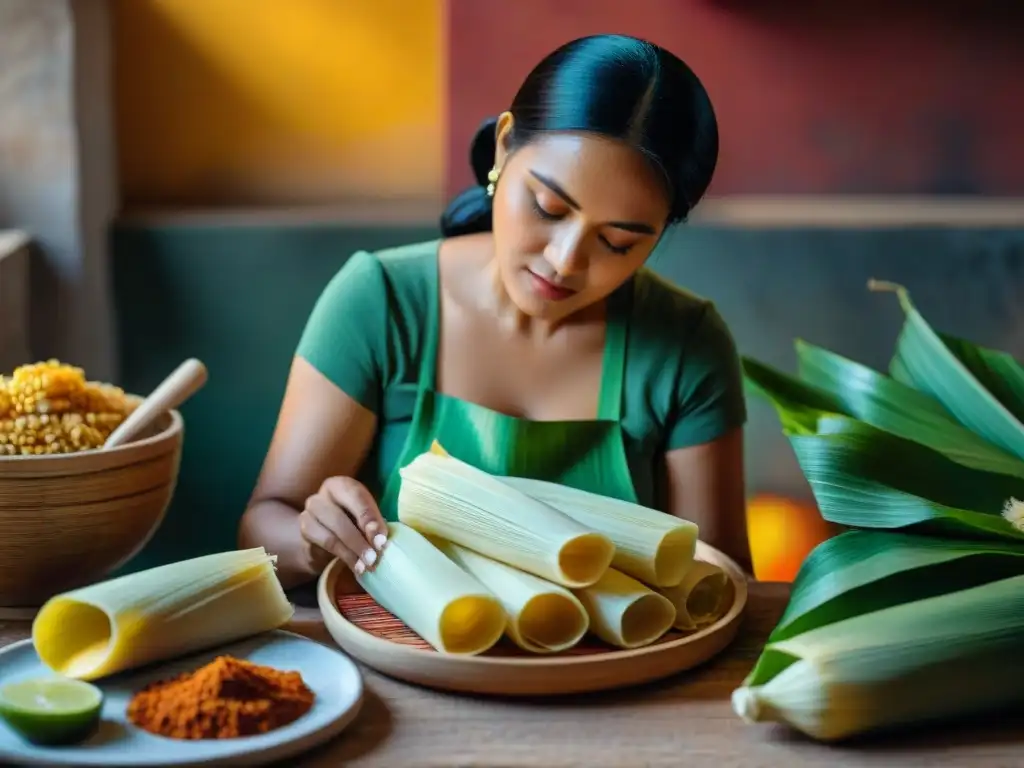 Una experta mujer maya prepara variedades de tamales en una cocina rústica