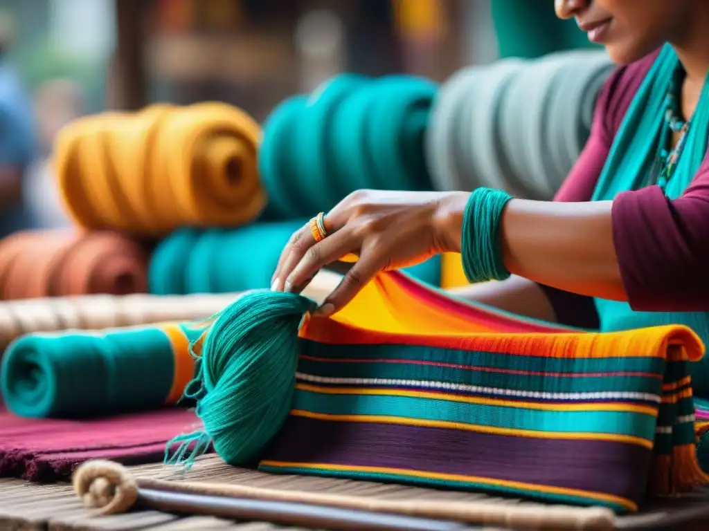 Experta partera maya tejiendo textiles coloridos en mercado vibrante, mostrando arte ancestral y Rituales de nacimiento en cultura maya