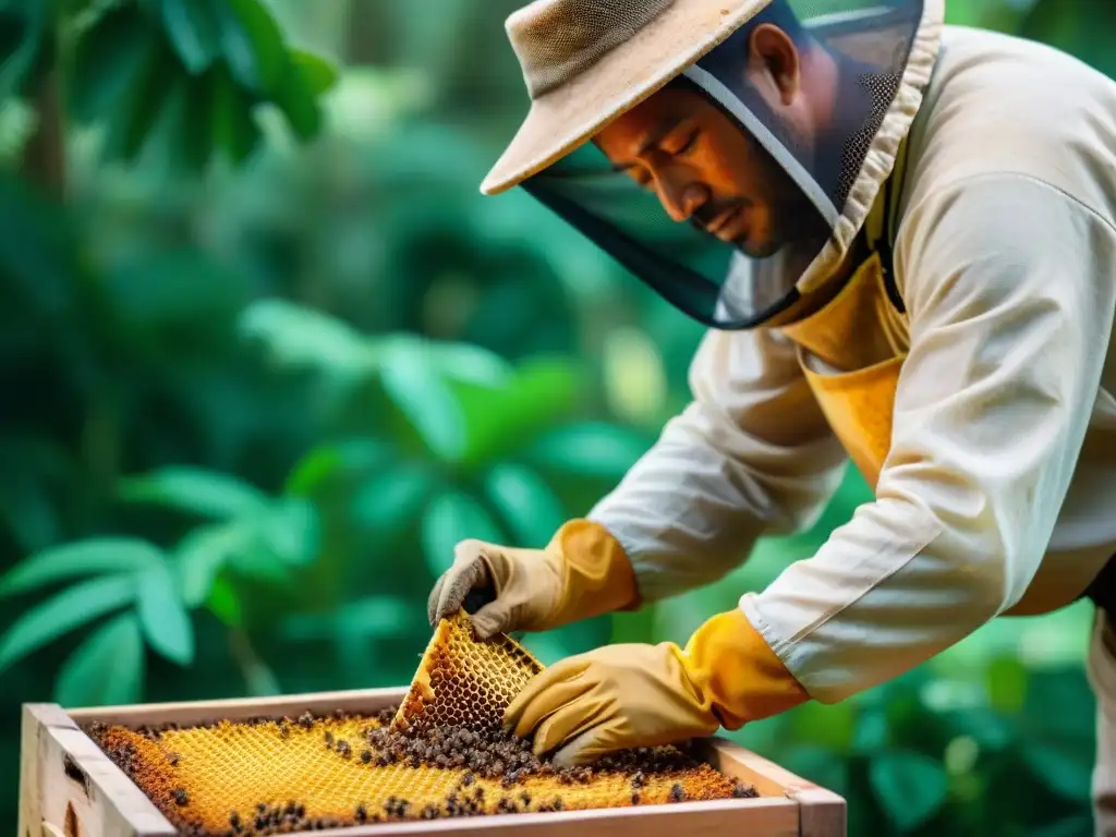 Un experto apicultor maya extrayendo propóleo de la colmena, muestra la conexión con la naturaleza y las propiedades medicinales de las abejas mayas