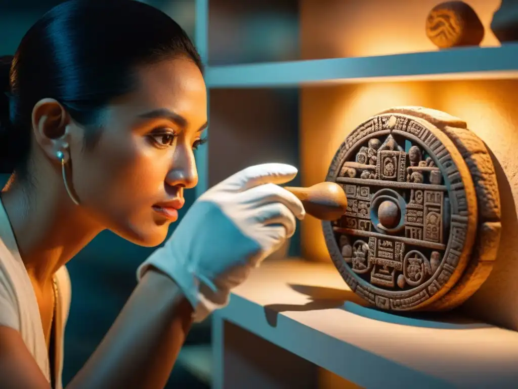 Experto examina detalladamente arte maya auténtico bajo luz brillante