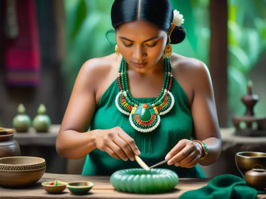 Un experto artesano maya crea un collar de jade con destreza, rodeado de herramientas y telas coloridas