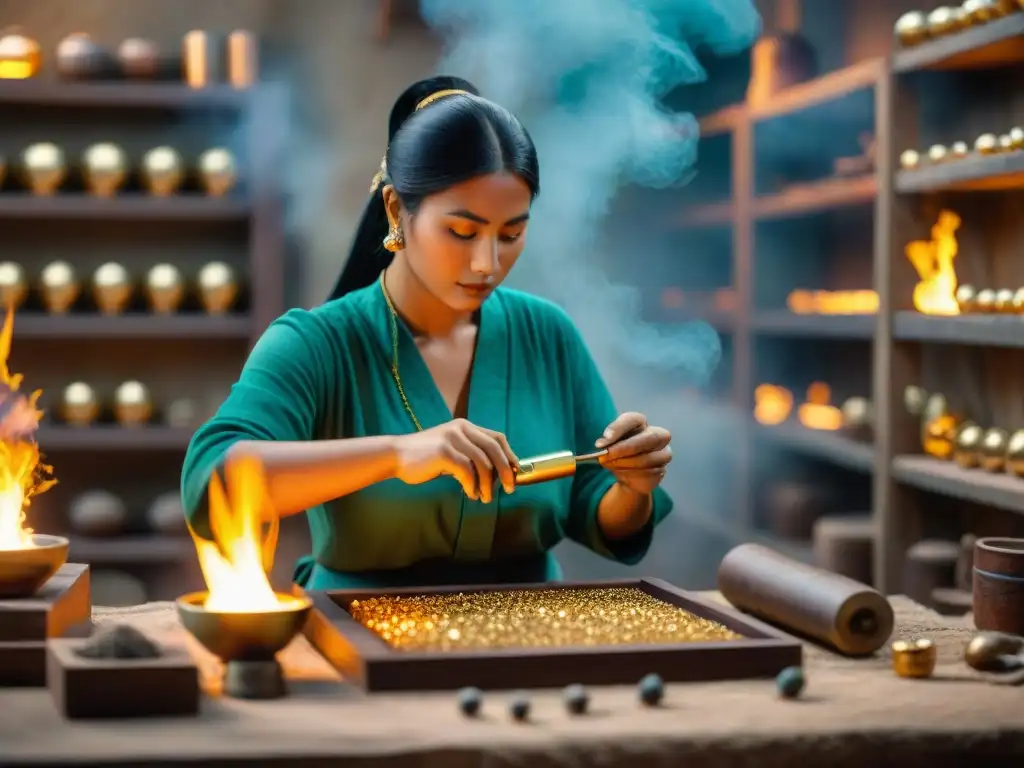 Un experto artesano maya crea joyas de oro con técnica tradicional en un taller cálido, rodeado de herramientas y materiales