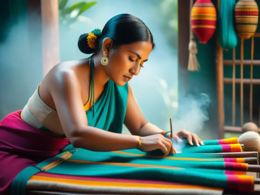 Un experto artesano maya tejiendo patrones en un textil vibrante, rodeado de herramientas tradicionales y hilos coloridos, destacando la conservación textiles mayas para turismo