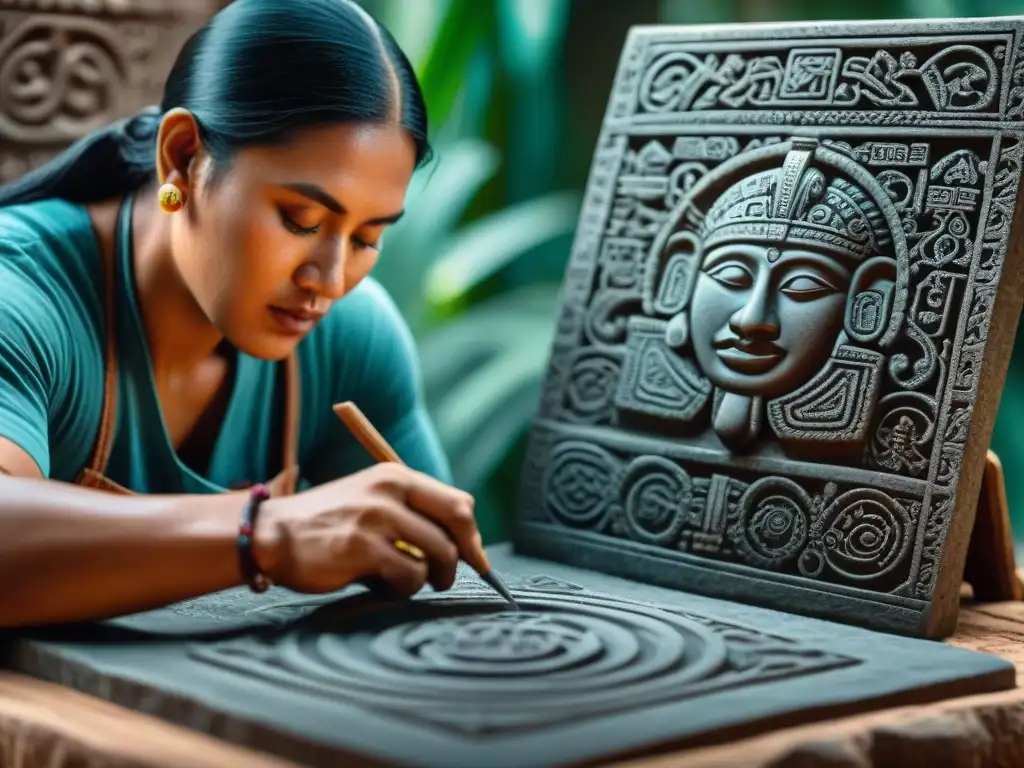 Un experto artesano maya talla símbolos en una tableta de piedra antigua en talleres interactivos de escritura maya