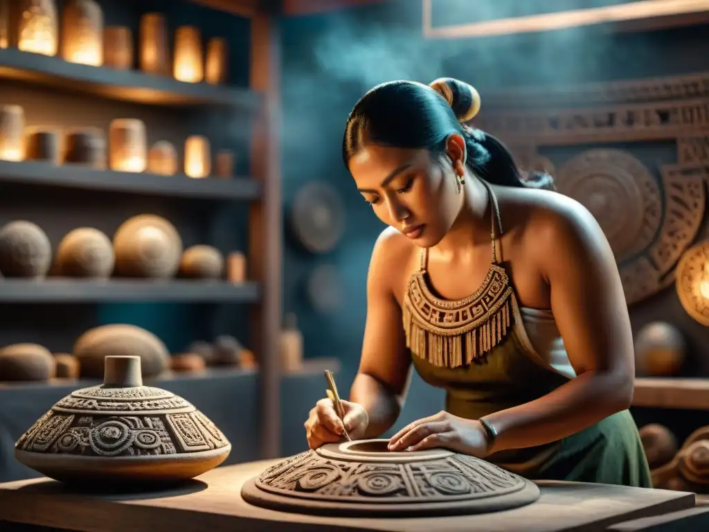 Un experto artesano crea réplicas fieles de artefactos mayas en un taller oscuro y lleno de herramientas antiguas