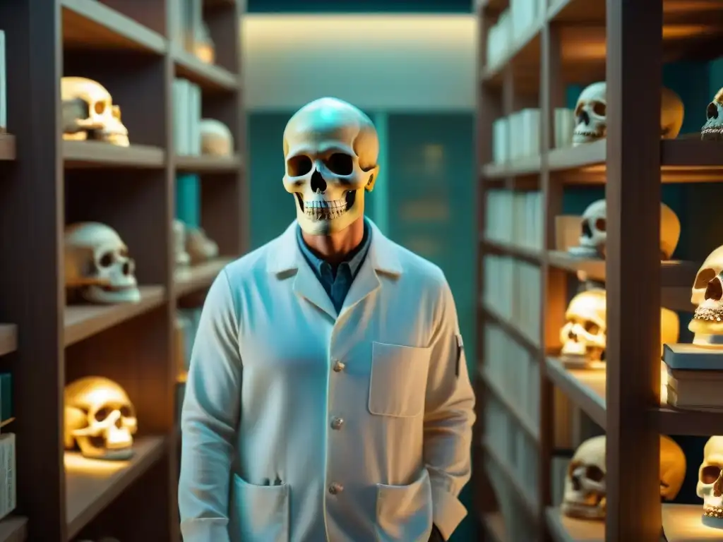 Reconstrucción facial maya: tecnología y tradición Experto en ciencia forense reconstruyendo rostro de esqueleto maya con tecnología y métodos tradicionales en estudio detallado