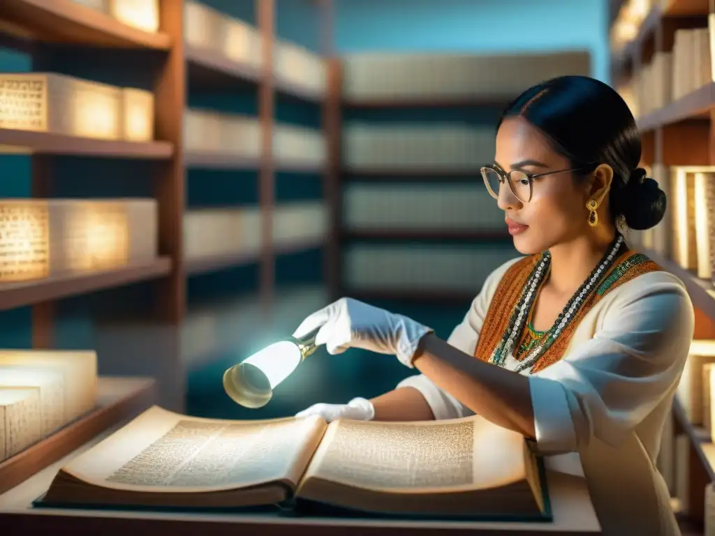 Experto en códices antiguos civilización maya examinando un manuscrito antiguo bajo luz suave de museo