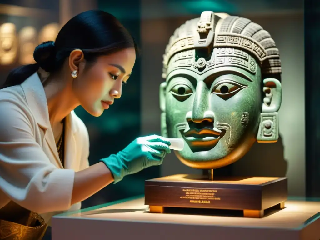 Experto examina máscara de jade maya en subasta en línea de arte maya