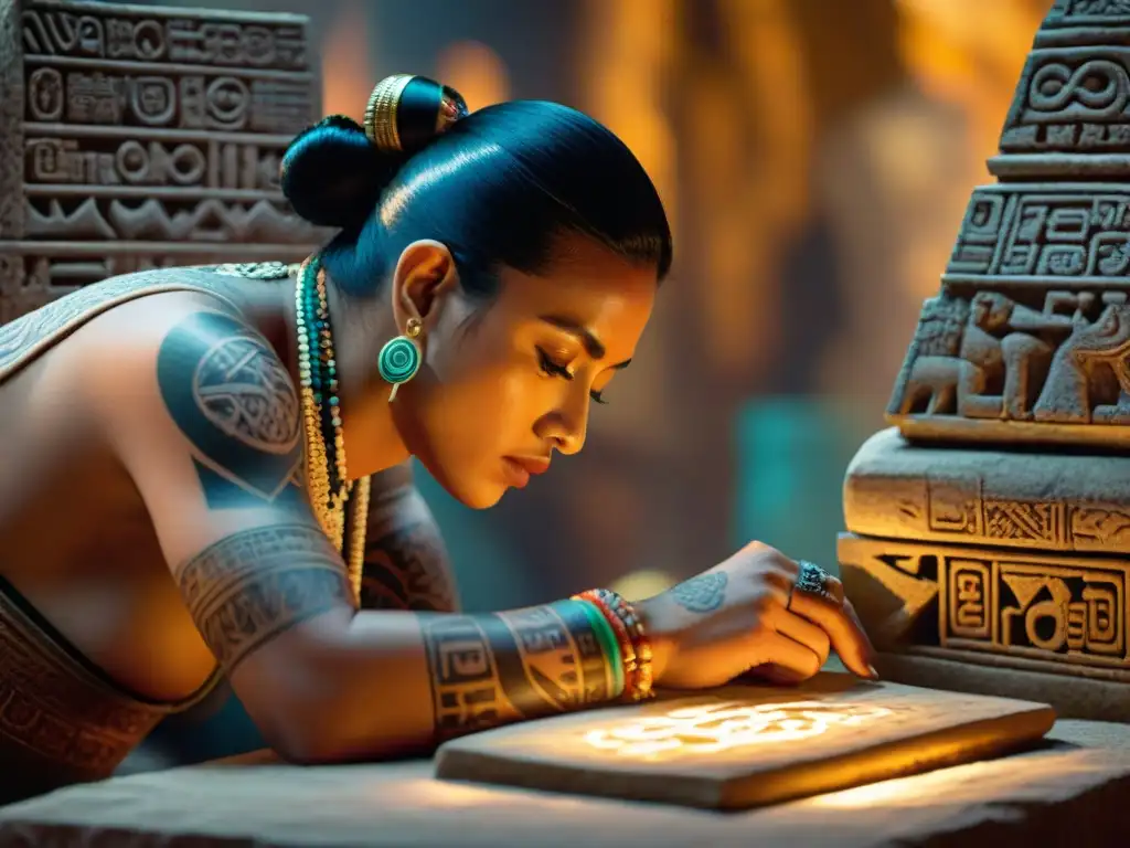 Experto maya decodificando tatuajes antiguos en piedra con luz dorada y libros