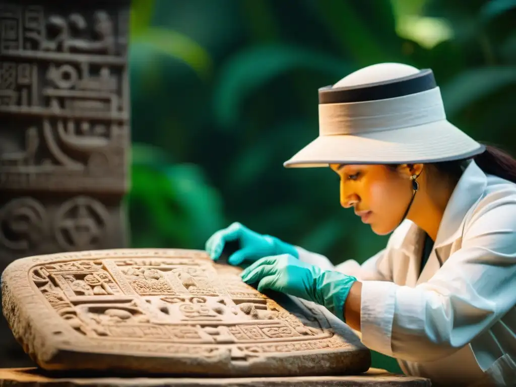 Expertos en conservación restauran con cuidado una estela maya erosionada, resaltando la meticulosidad en la preservación de artefactos