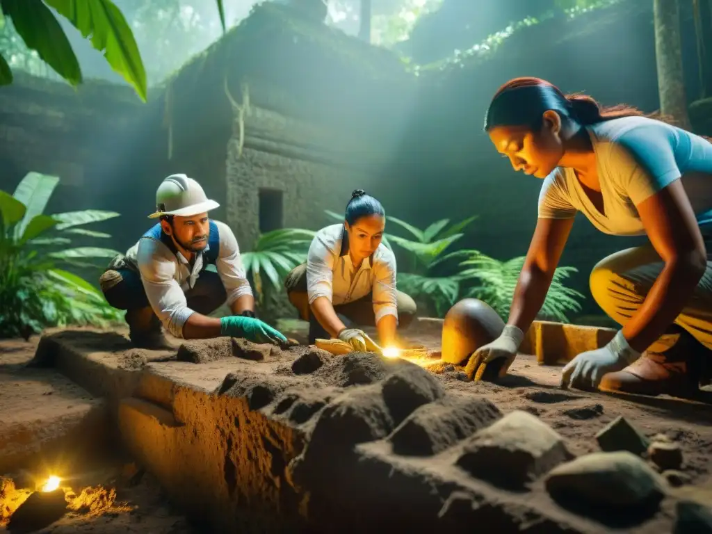 Expertos conservando cultura maya: arqueólogos excavando con precisión en sitio arqueológico entre la exuberante selva maya