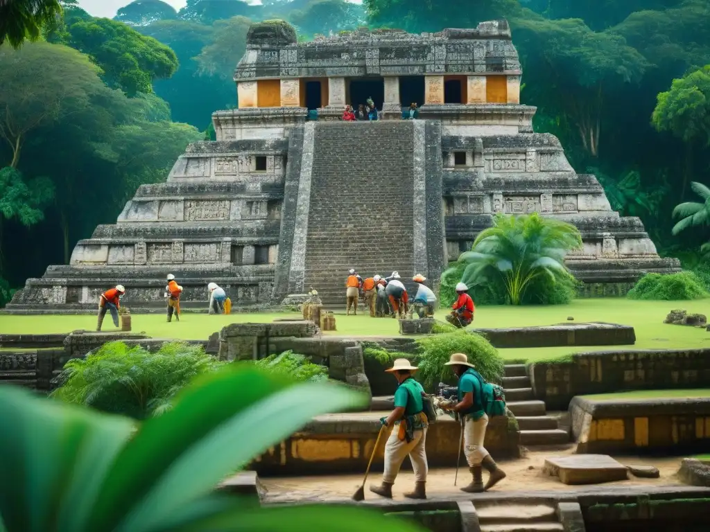 Expertos en conservación de la cultura maya excavando un templo rodeado de exuberante vegetación