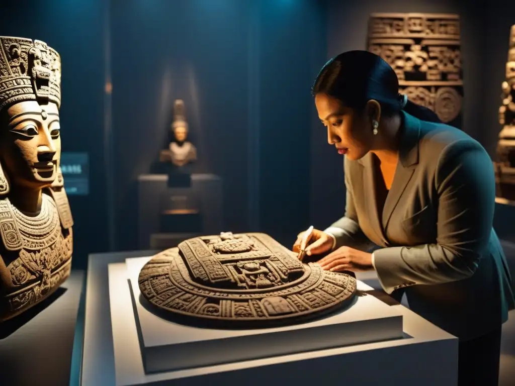 Expertos examinan detallado artefacto maya bajo luz brillante en museo