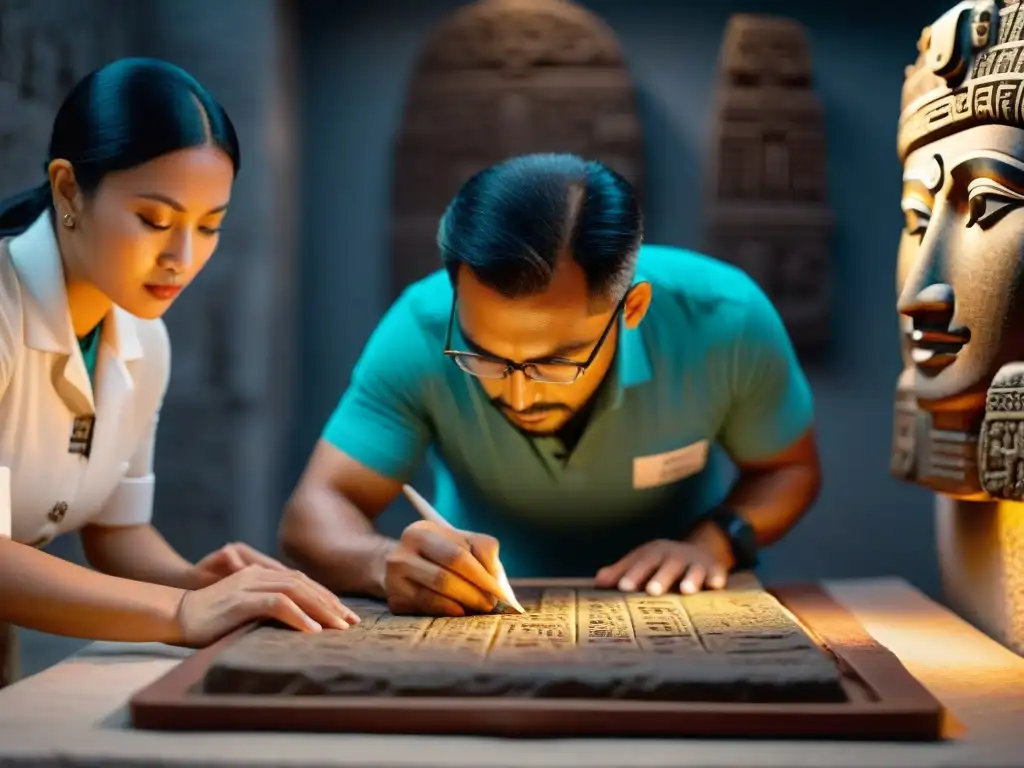 Expertos en preservación digital escanean jeroglíficos mayas en piedra con tecnología avanzada en museo iluminado suavemente