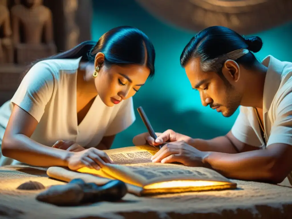 Restauración experta de un antiguo códice maya: precisión y pasión Expertos restaurando con esmero un antiguo códice maya, revelando jeroglíficos vibrantes bajo lupa y luces especializadas