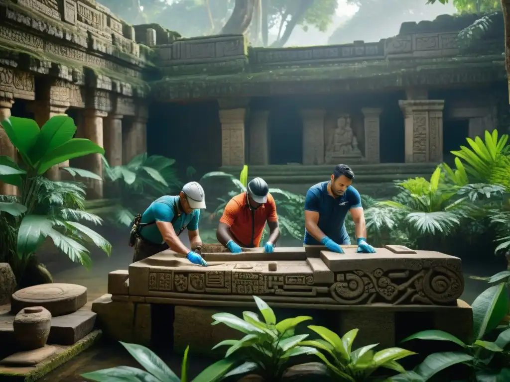 Restauración meticulosa de estructura maya por expertos internacionales Expertos internacionales restaurando estructura hidráulica maya en la jungla