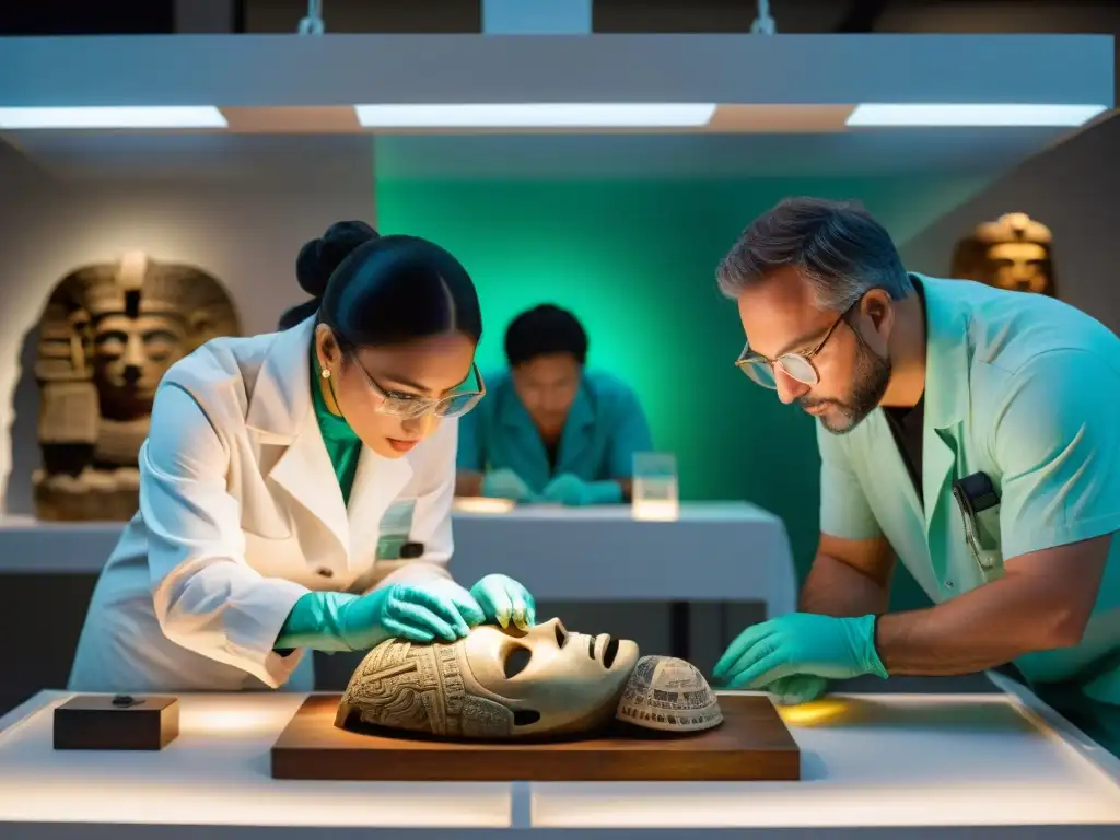 Expertos examinan detalladamente máscara jade maya en laboratorio de conservación