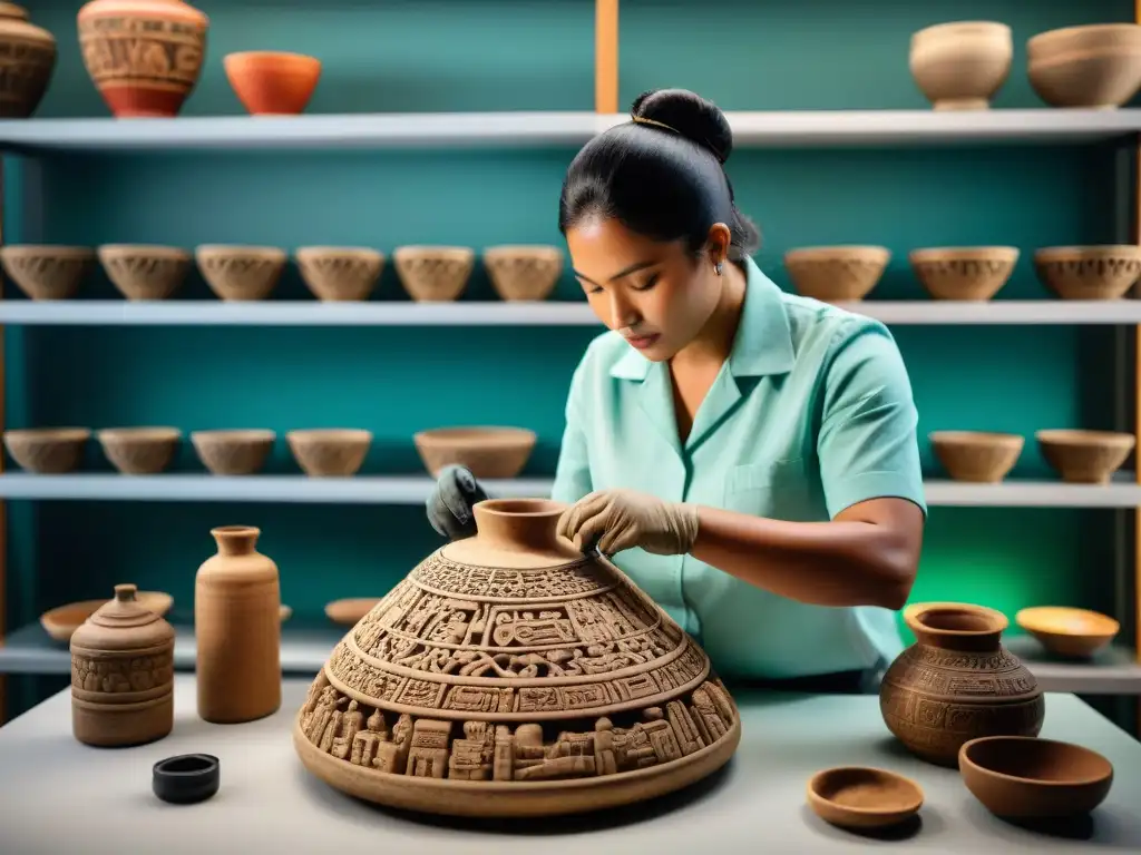 Expertos en conservación restauran con meticulosidad artefactos mayas, en un ambiente profesional y respetuoso