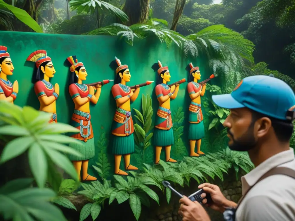 Expertos en conservación restauran murales mayas rodeados de vegetación exuberante, destacando la educación y el turismo cultural