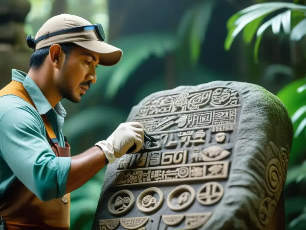 Expertos en conservación del patrimonio cultural restauran glifos mayas en monumento de piedra en la selva