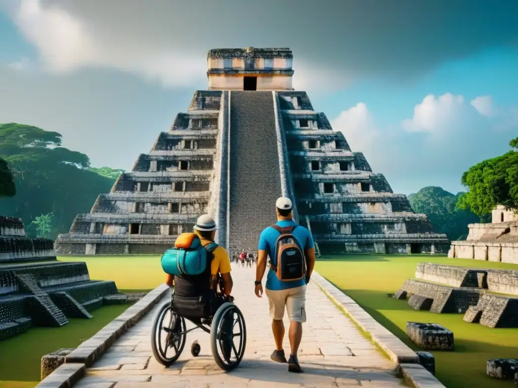 Exploración inclusiva: turismo accesible en ruinas mayas Exploración accesible en sitios mayas turismo: Grupo diverso de turistas con discapacidades descubre ruinas con guía local