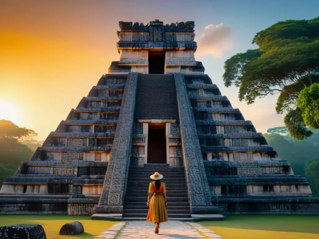 Exploración de alineaciones astronómicas en arquitectura maya, con arqueólogos documentando patrones celestiales al atardecer