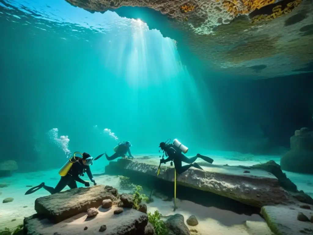 Exploración de arqueología subacuática en cenotes mayas con antiguos artefactos y luz natural