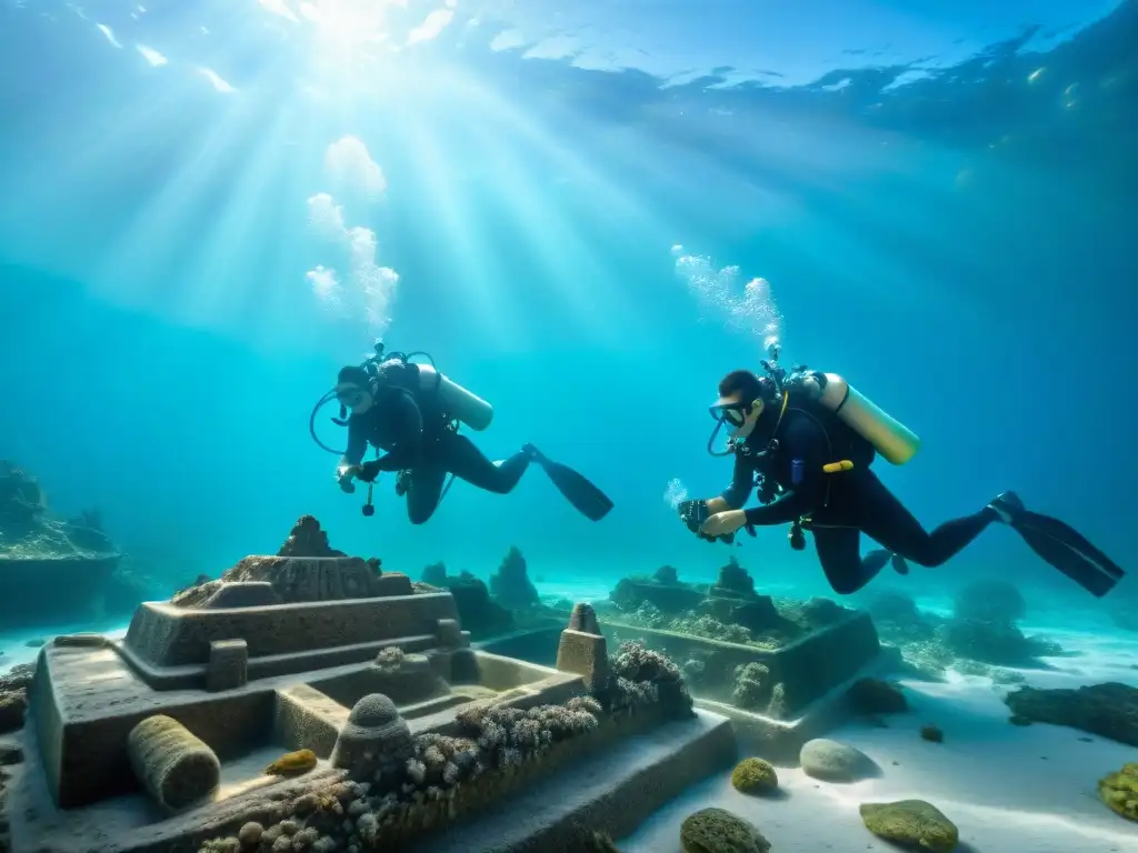 Exploración de arqueología submarina maya en aguas cristalinas, revelando historia y cultura bajo el mar