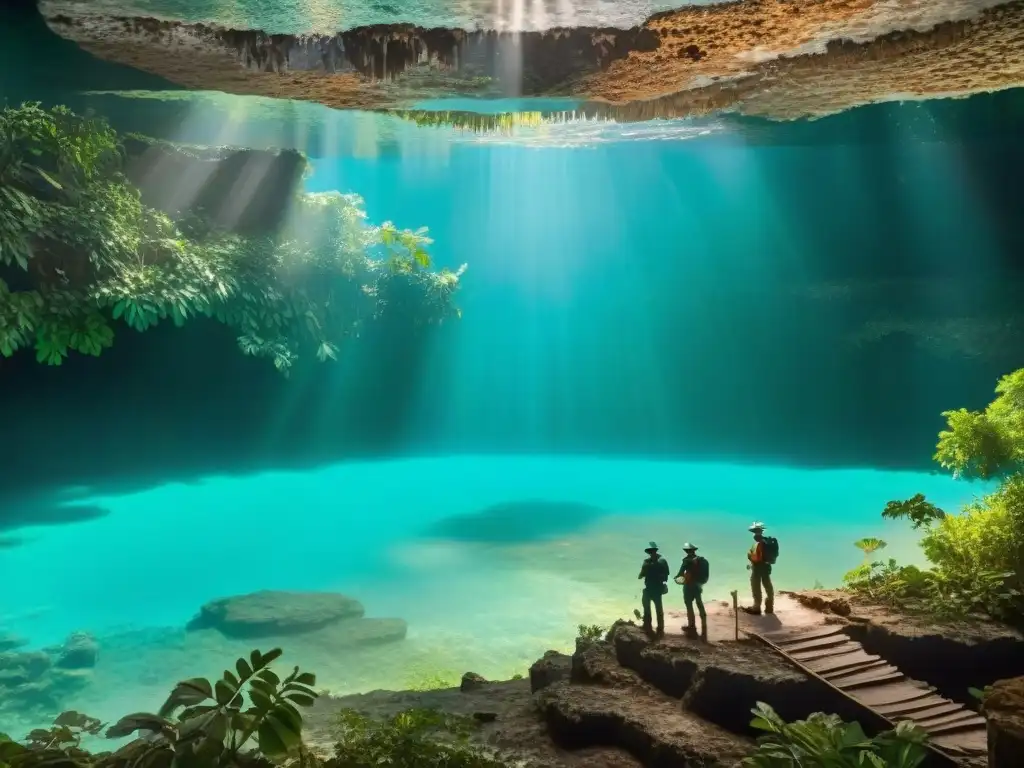 Excavación arqueológica en cenote maya sagrado Exploración arqueológica en un cenote maya, reflejando la belleza y misterio de los sacrificios humanos mayas cenotes