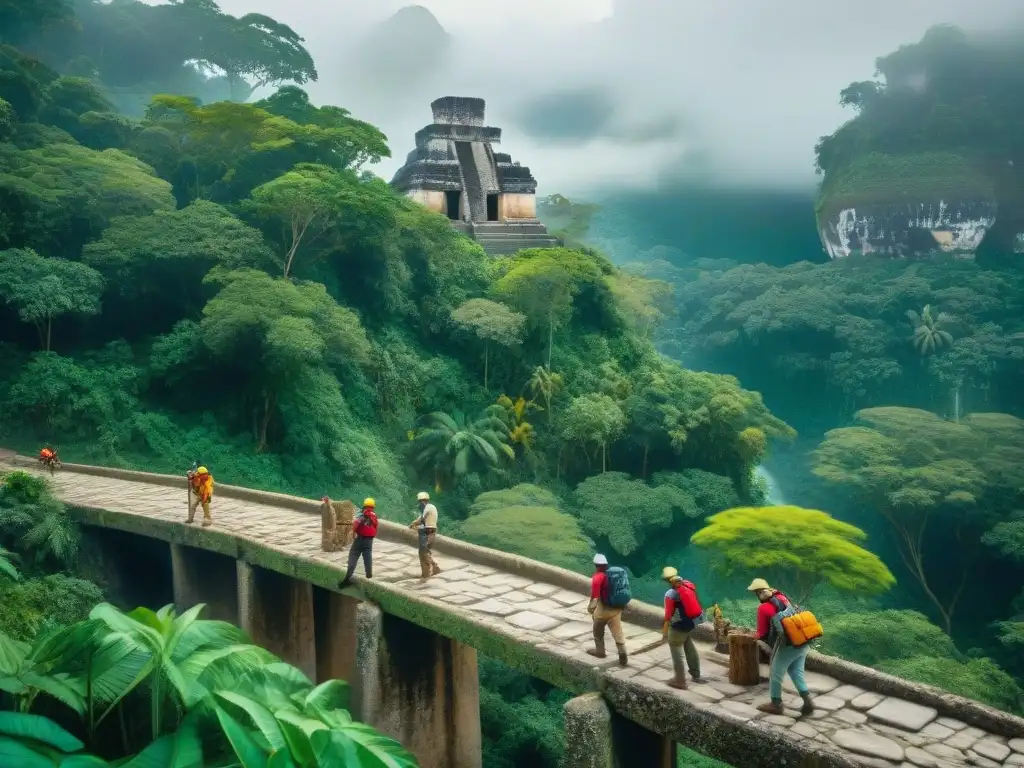 Exploración arqueológica en el Puente Naranjo, reflejando el turismo cultural en civilización maya