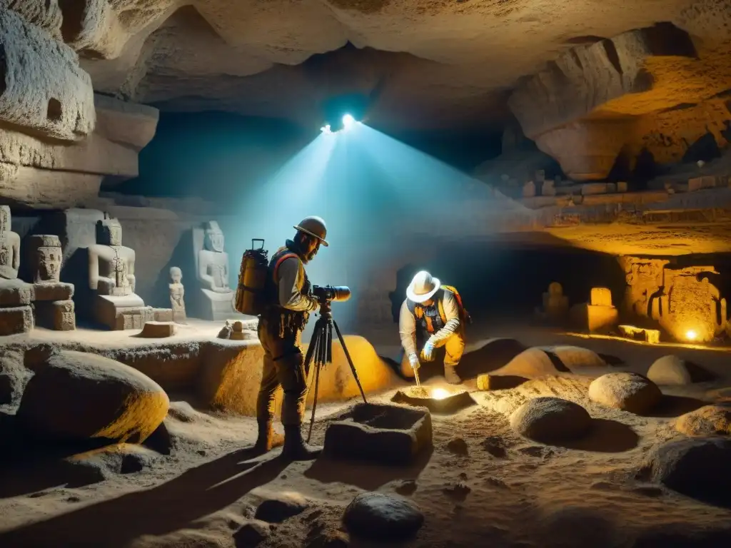 Exploración arqueológica en Actun Tunichil Muknal: equipo de arqueólogos documentando antiguos artefactos mayas en la oscuridad de la caverna