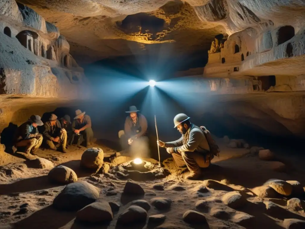 Exploración arqueológica en Actun Tunichil Muknal: Equipo de arqueólogos examina artefactos antiguos en cámara subterránea iluminada por linternas