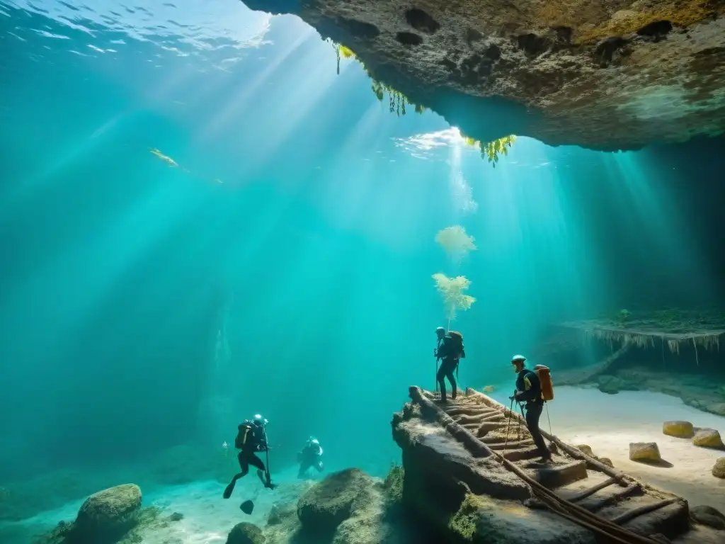 Excavación arqueológica en cenote maya: misterios revelados Exploración de arqueólogos en cenote maya, rescatando esqueleto
