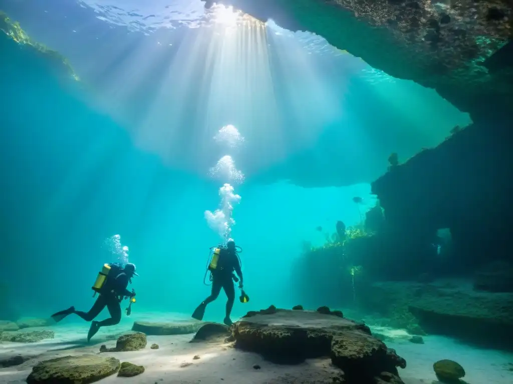 Exploración de arqueólogos en cenote maya sumergido, iluminando ofrendas mayas