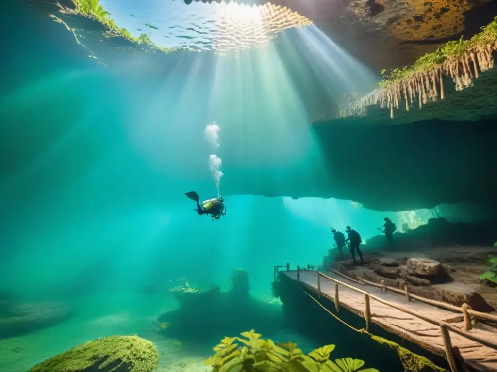 Exploración de arqueólogos en cenote: ofrendas mayas sumergidas entre cerámica, joyas de jade y artefactos, bajo la luz del sol