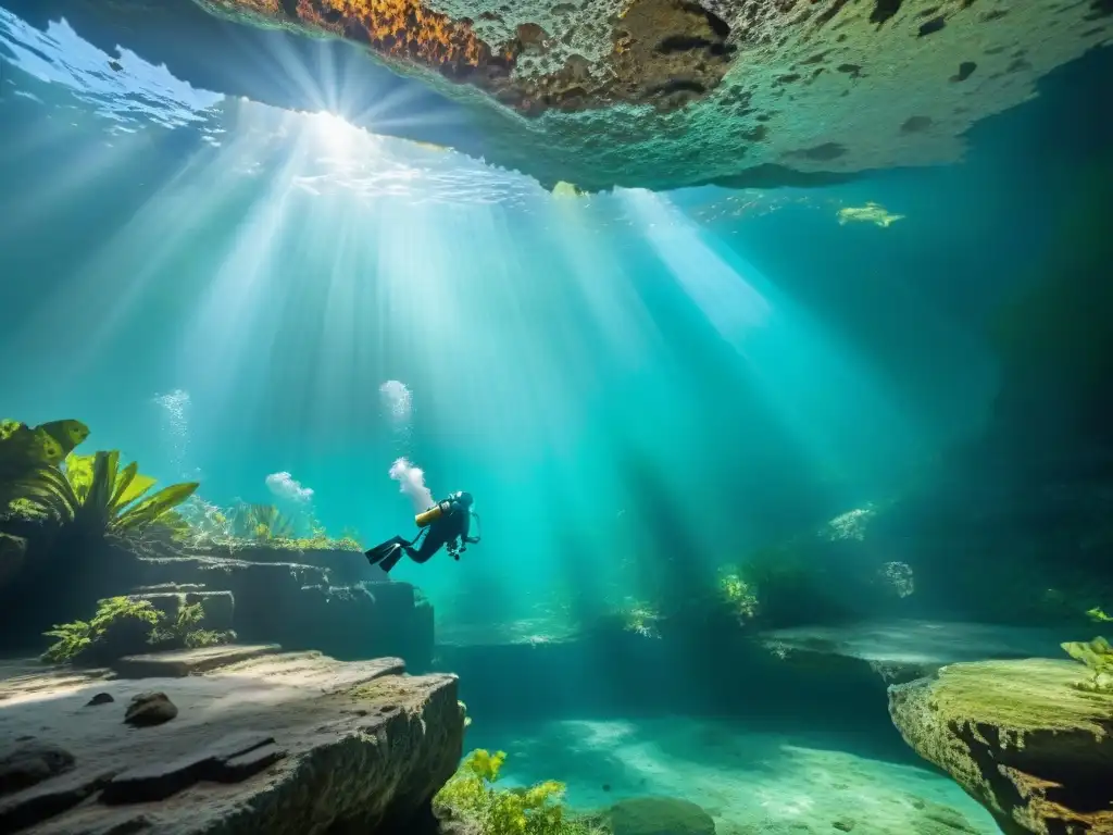 Exploración de arqueólogos en cenote, descubriendo ofrendas mayas entre ruinas y vegetación