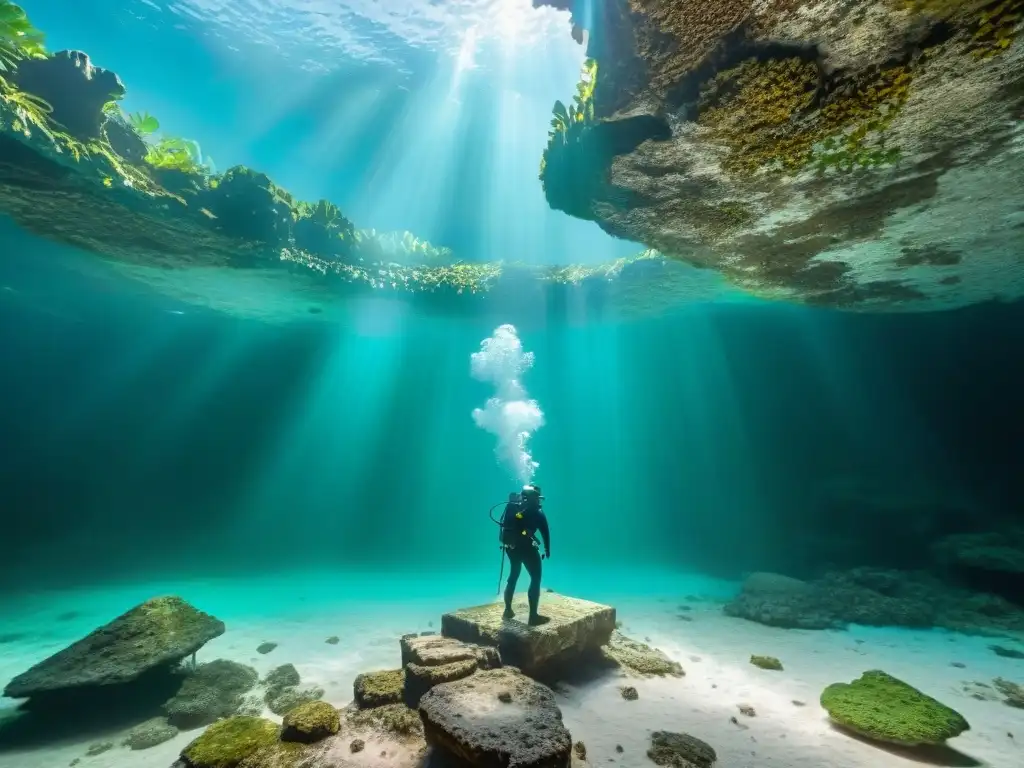 Exploración de cenote sagrado con artefactos mayas en el fondo arenoso, iluminados por la luz solar