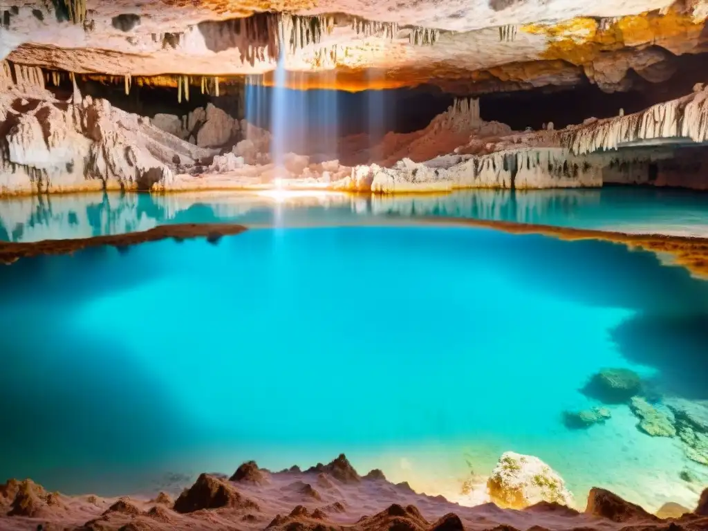 Exploración de cenotes mayas: maravillas geológicas y aguas turquesas iluminadas por la luz solar en una cueva subterránea